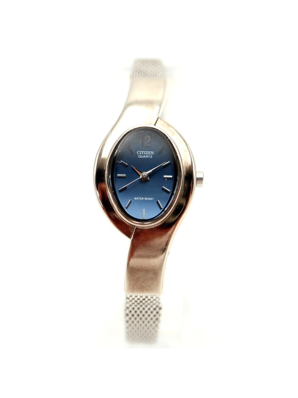 Vintage Citizen Silver Blue Oval Swirl 19mm Women Watch Steel Band w New Battery